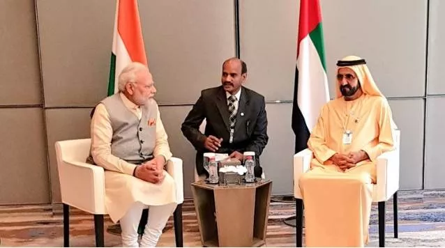 Pm modi meets uae counterpart  discusses bilateral ties