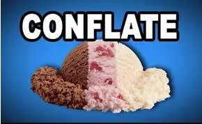 Conflate  - To combine two or more separate things, especially pieces of text, to form a whole.