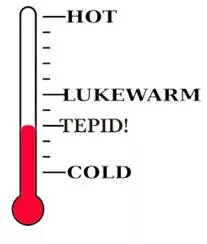 Tepid  - (of liquid) not very warm, or (of feelings or actions) not very strong: