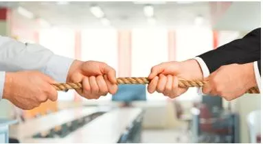 Stand-off  - Meaning: a deadlock between two equally matched opponents in a dispute or conflict.