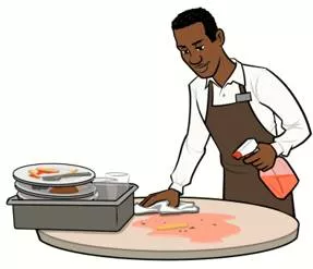 Bus  - Remove dirty plates and dishes from (a table).