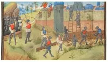 Siege  - A military operation in which enemy forces surround a town or building, cutting off essential supplies, with the aim of compelling those inside to surrender.