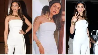 Rakul preet singh's white strapless jumpsuit and gold statement jewellery is a must have holiday look for your closet