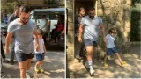 Saif ali khan holds son taimur ali khan's hand as they step out wearing matching shorts in mumbai 