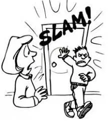 Slammed - Shut (a door, window, or lid) forcefully and loudly.