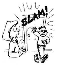Slammed - Shut (a door, window, or lid) forcefully and loudly.