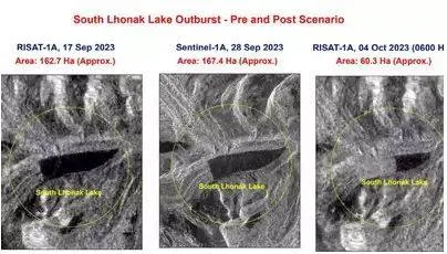 Sikkim flash floods  isro satellite images show south lhonak lake burst