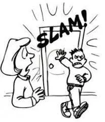 Slamming - Shut (a door, window, or lid) forcefully and loudly.