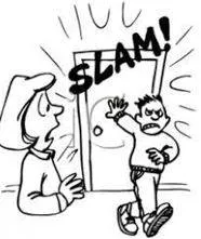 Slammed - Shut (a door, window, or lid) forcefully and loudly.