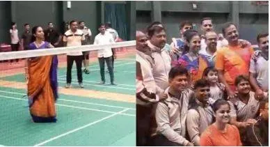 Supriya sule plays badminton during election campaign in maharashtra’s baramati  