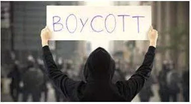 Boycott - Withdraw from commercial or social relations with (a country, organization, or person) as a punishment or protest. (बहिष्कार करना)