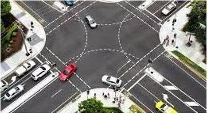Intersection - The place where two or more roads, lines, etc. meet or cross each other (चौराहा) 