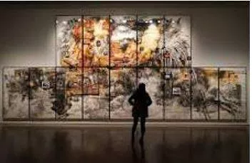 Exhibiting - Publicly display (a work of art or item of interest) in an art gallery or museum or at a trade fair. (प्रदर्शन)