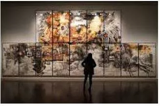 Exhibition - Publicly display (a work of art or item of interest) in an art gallery or museum or at a trade fair.
