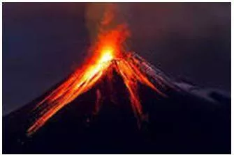 Erupts - Become active and eject lava, ash, and gases. (फूटना) 