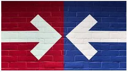 Polarizing - Division into two sharply contrasting groups or sets of opinions or beliefs. (ध्रुवीकरण)