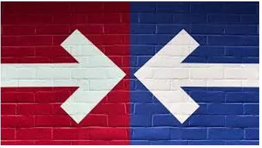 Polarizing - Division into two sharply contrasting groups or sets of opinions or beliefs. (ध्रुवीकरण)