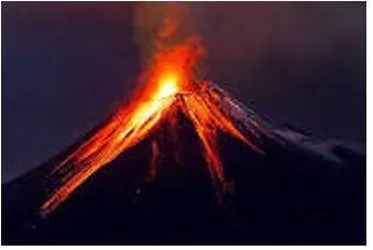 Erupted - Become active and eject lava, ash, and gases. (फूटना) 