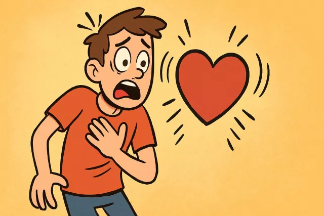 Palpitate - For the heart to beat quickly, strongly, or irregularly, often because of excitement, fear, or anxiety. (धड़कना)