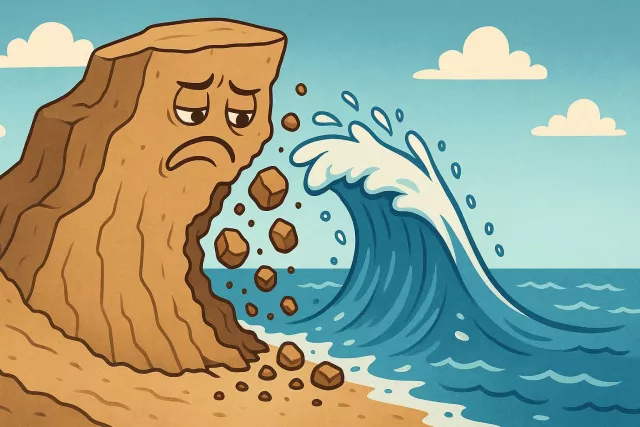 Erode - To gradually wear away or destroy something, especially by natural forces like wind, water, or friction. (क्षरण करना / घिस जाना)