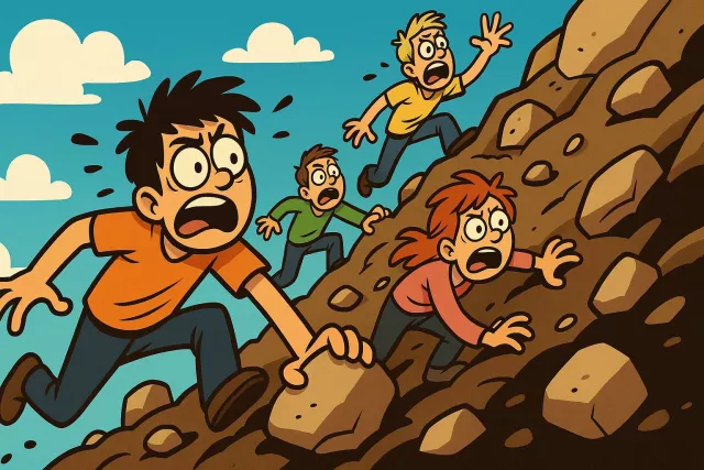 Scramble - To move quickly and clumsily, or to mix things up in a confused, disordered way. (घबराकर भागना / गड़बड़ कर देना)