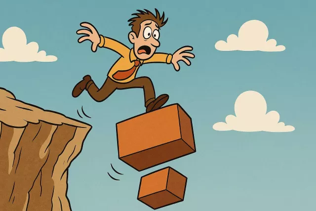 Precarious - Not securely held or in position; dangerously likely to fall or collapse; uncertain or risky.