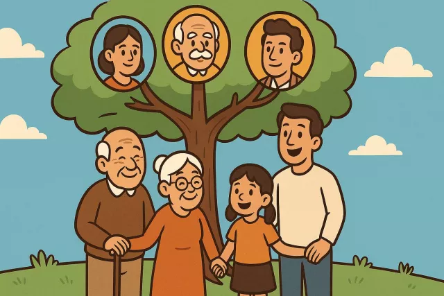 Ancestral - Related to or inherited from ancestors; belonging to the family members of earlier generations. (???????? ?? ???????, ?????)