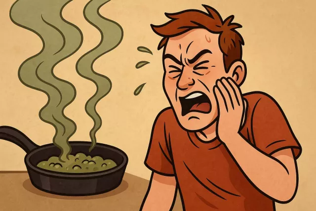 Acrid - Having a strong, sharp, and unpleasant taste or smell; also harsh or bitter in speech. (????, ?????, ????? ????)