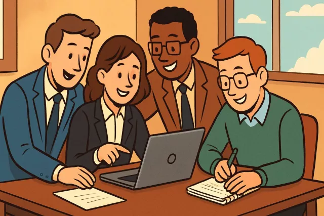 Collegial - Relating to a friendly, cooperative relationship among colleagues, where power and responsibility are shared.