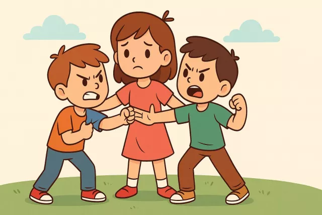 Intervene - To come between people, events, or situations in order to help, stop, or change something; to interfere in a situation.