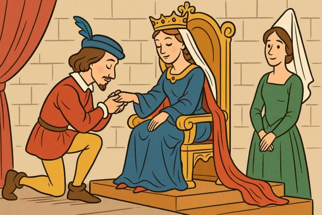 Courtly - Very polite, graceful, and refined; behaving in an elegant way like people at a royal court. (सभ्य, विनम्र, दरबारी ढंग का)