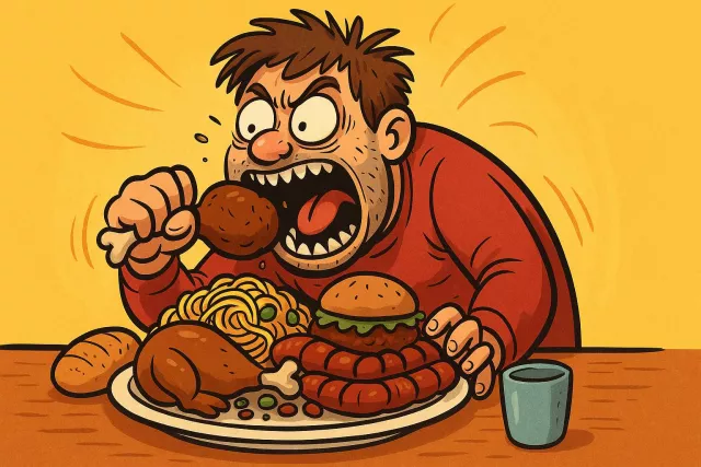 Ravenous - Extremely hungry; having a very strong desire or need for something (especially food).
