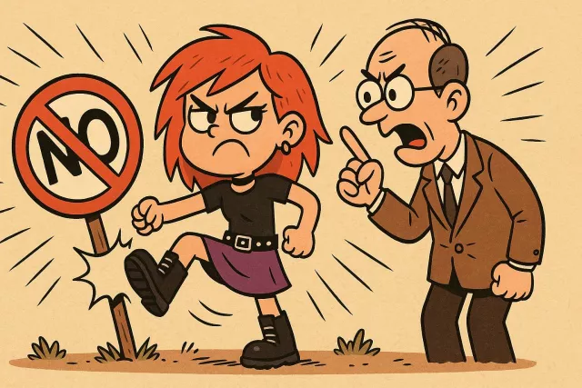 Rebellious - Showing a desire to resist authority, control, or tradition; inclined to disobey rules.