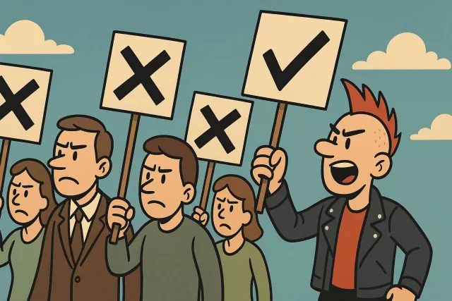 Dissident - A person who opposes official policy, especially that of an authoritarian state; in disagreement with official policy. (विरोधी, असहमत)