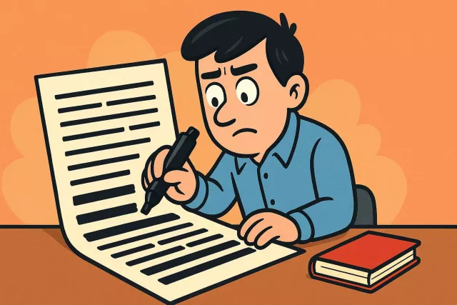 Redact - Edit text for publication, or remove sensitive information from a document before sharing. (संपादन करना / गोपनीय भाग हटाना)