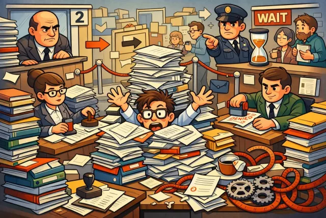 Bureaucracy - A system of government or management run by departments and officials, often with complex rules and procedures. (नौकरशाही)