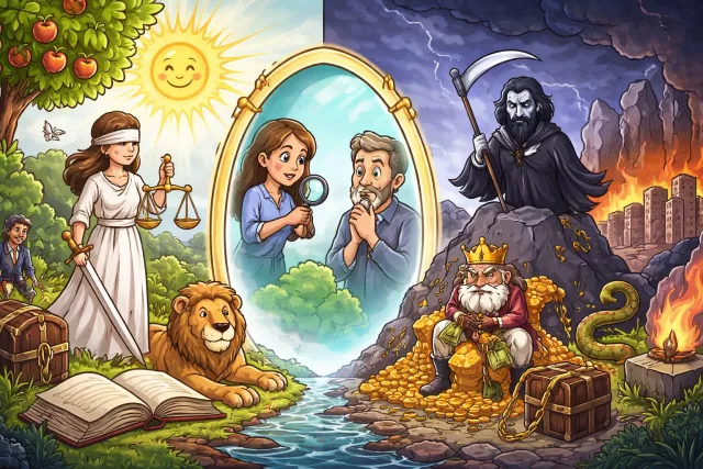 Allegory - A story, poem, or picture that can be interpreted to reveal a hidden meaning, typically a moral or political one. (???? ???)