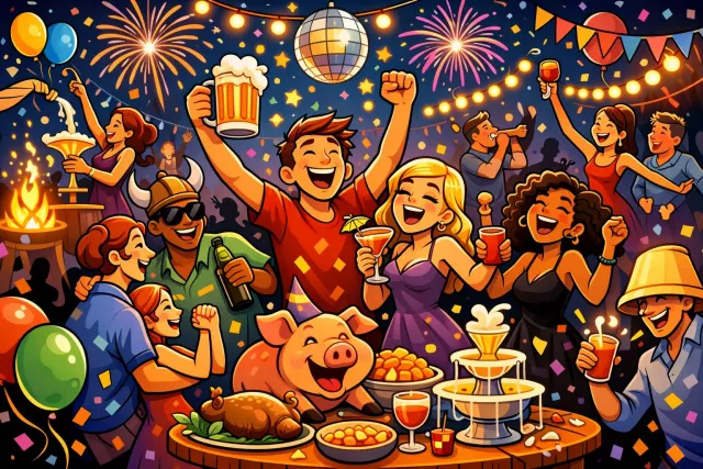 Revelry - Lively and noisy celebrations, often involving drinking and dancing.