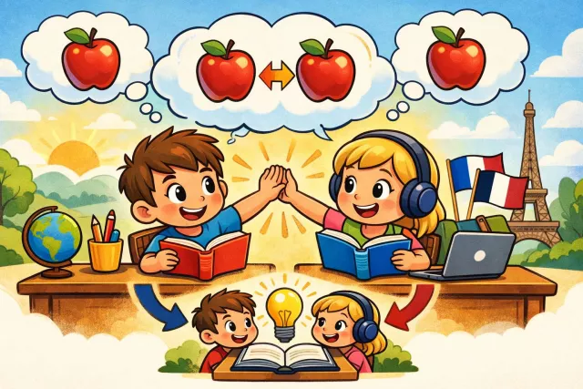 Cognate - Related in origin; coming from the same root or source, especially in language.