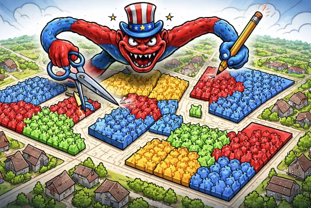 Gerrymander - Manipulate the boundaries of electoral districts to favor a particular political party or group. (निर्वाचन क्षेत्रों की सीमाओं में पक्षपातपूर्ण हेरफेर करना)