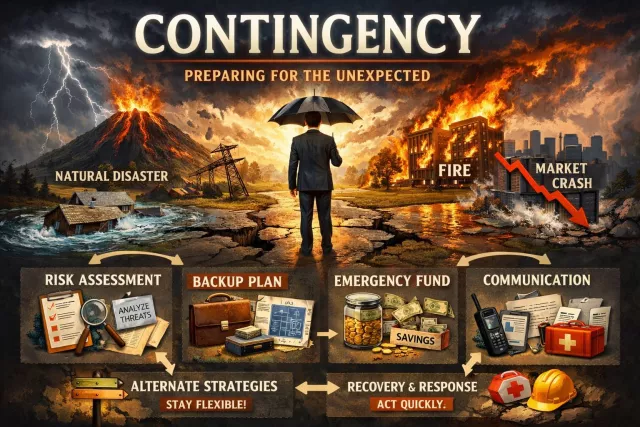 Contingency - A possible future event or situation that cannot be predicted with certainty. (आकस्मिक स्थिति)