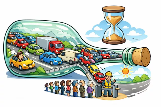 Bottleneck - A narrow section or point of congestion that slows down movement, progress, or production.