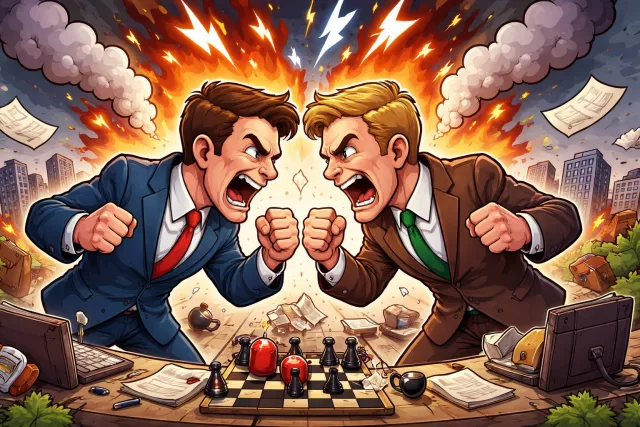 Adversarial - Involving conflict or opposition; hostile or confrontational. (विरोधी/शत्रुतापूर्ण)