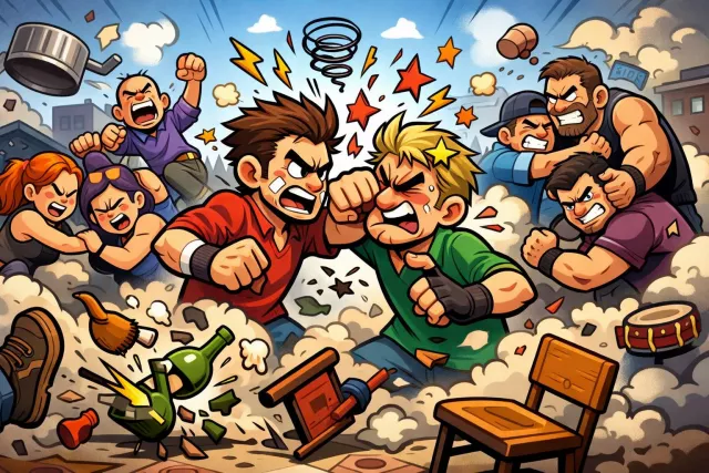 Fracas - A noisy disturbance or quarrel, often involving a fight.