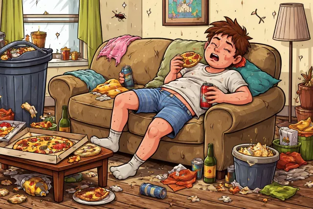 Slovenly - Messy and careless in appearance or habits.