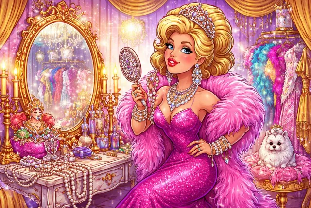 Bedizen - Dress up or decorate gaudily or showily. (भड़कीले ढंग से सजाना) 