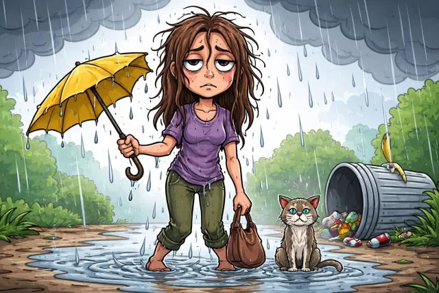 Bedraggled - Dirty and untidy, especially after being wet or in a mess. (गीला और अस्त-व्यस्त)