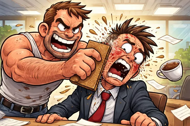 Abrasive - Harsh or rude in manner; also able to scrape or wear away a surface. (कठोर)