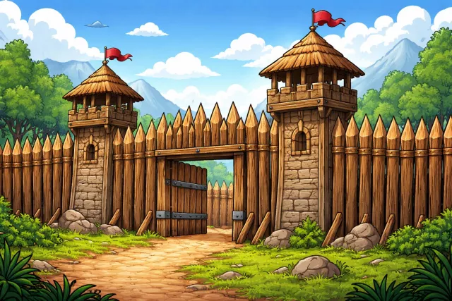 Palisade - A strong fence made of pointed wooden stakes for protection.