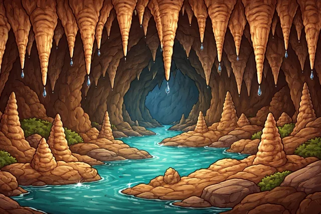 Stalactite - An icicle-shaped formation of mineral deposits hanging from the ceiling of a cave. (गुफा की छत से लटकने वाला खनिज स्तंभ)